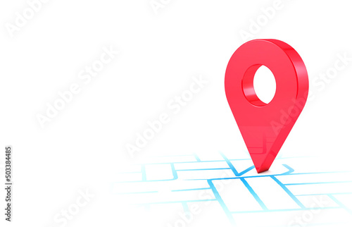 Marker 3d icon, red location - route gps position navigator sign and route map pointer symbol, travel navigation - blue color stroke streets, white background