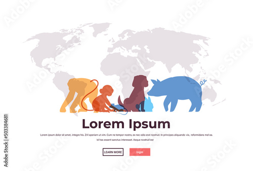 set cartoon animals silhouettes on world map background full length horizontal