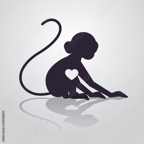 Photography cute black monkey silhouette with white heart cartoon animal isolated full lengt