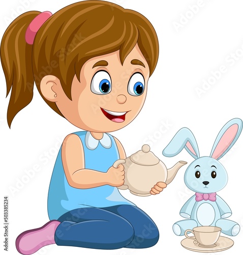 Cartoon little girl playing rabbit doll
