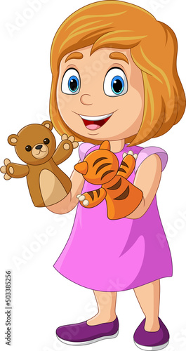 Cartoon little girl playing animals puppet