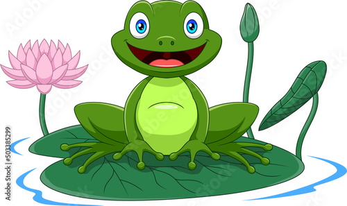 Cartoon green frog sitting on a leaf