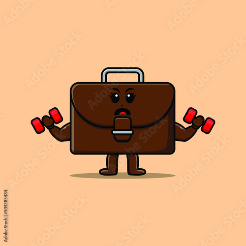 Cute cartoon suitcase character is fitness with barbell in modern style design 