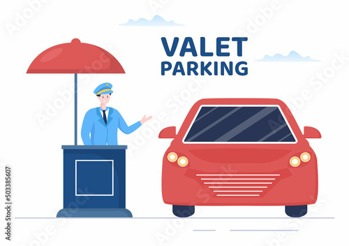 Valet Parking with Ticket Image and Multiple Cars on Public Car Park in Flat Background Cartoon Illustration