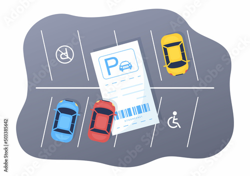 Valet Parking with Ticket Image and Multiple Cars on Public Car Park in Flat Background Cartoon Illustration