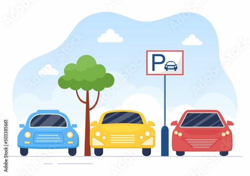 Valet Parking with Ticket Image and Multiple Cars on Public Car Park in Flat Background Cartoon Illustration © denayune