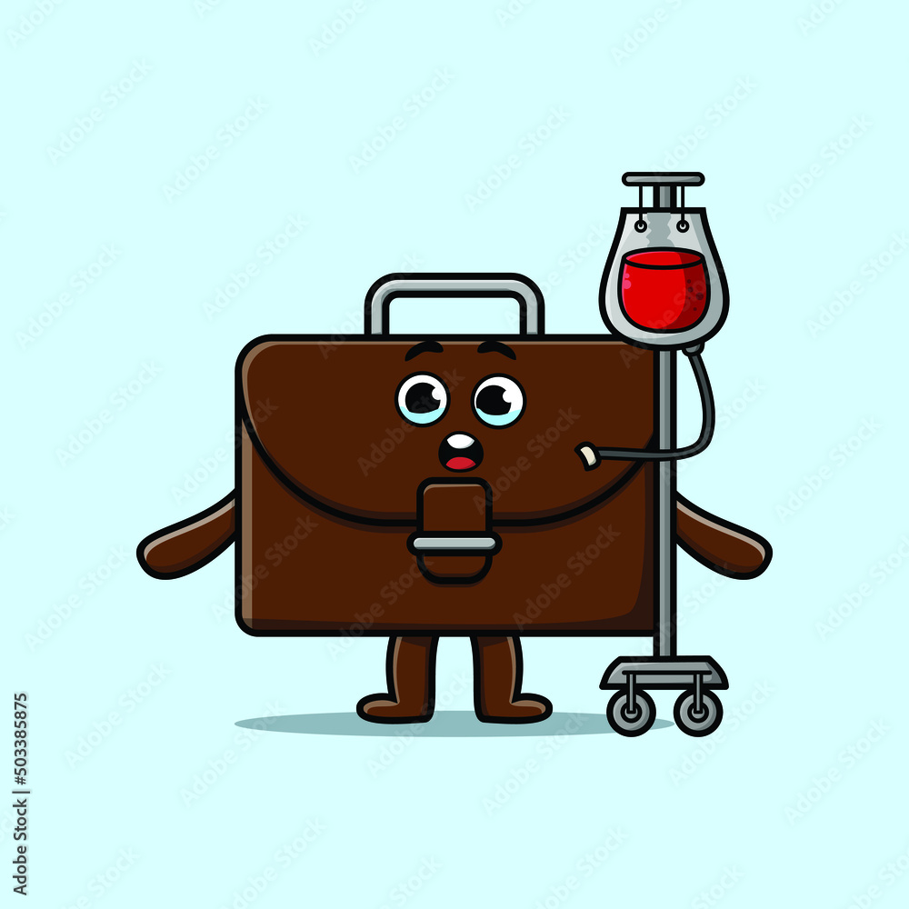 Cute cartoon illustration of suitcase having blood transfusion with cute modern style deign