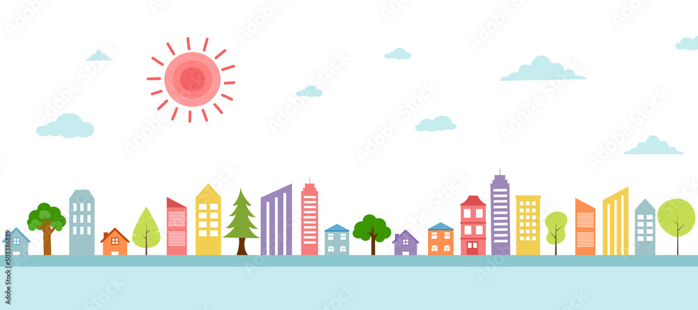 Cute city building landscape in flat design on white background.