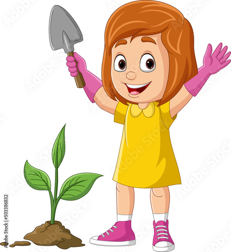 Cartoon cute little girl planting a plant