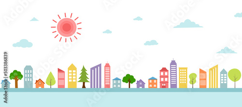 Cute city building landscape in flat design on white background.