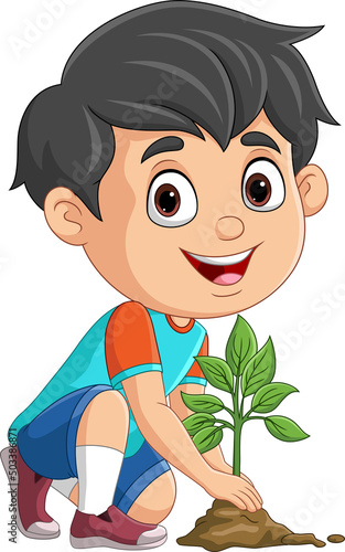 Cute little boy planting a plant