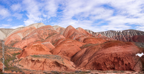 Mountains with red stripes. Khizi region. Azerbaijan.