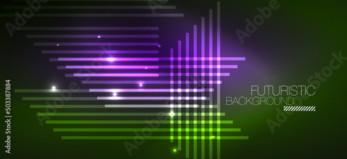 Background neon glowing lines and geometric shapes. Lights in the dark wallpaper for concept of AI technology, blockchain, digital, communication, 5G, science