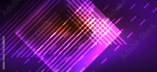 Background neon glowing lines and geometric shapes. Lights in the dark wallpaper for concept of AI technology, blockchain, digital, communication, 5G, science