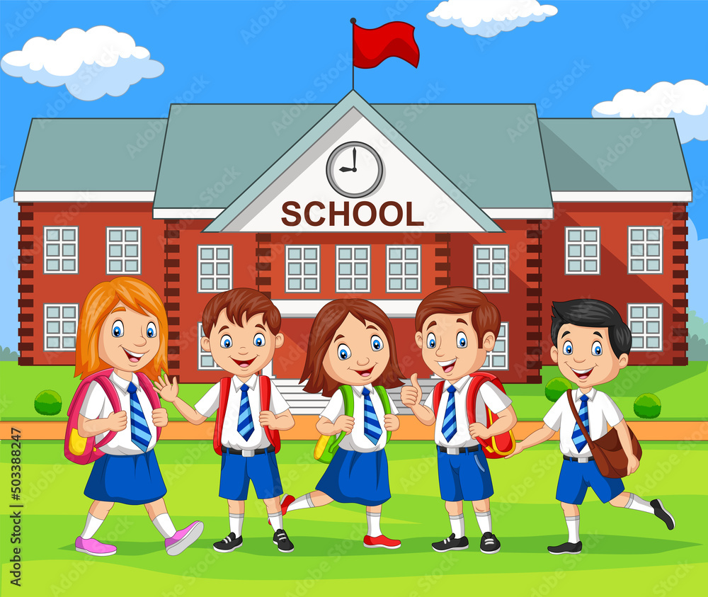 Happy school children in front of building school