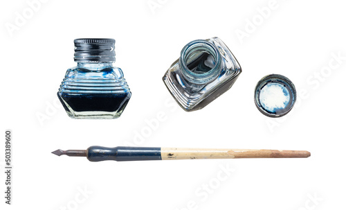Inkwell and dip pen isolated on white with clipping path