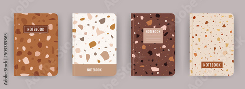 Cover page notebook collection. Templates with venetian terrazzo texture. Perfect for diary, books, magazines, journals, catalogs, planners and flyers. Vector layouts.