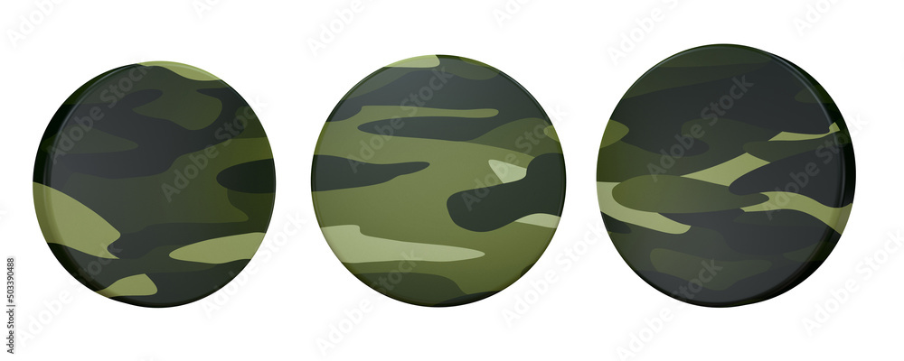A beautiful view of 3d illustration with army button camouflage in 3 positions.