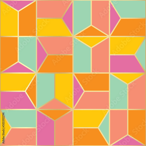 Bright, colorful color block seamless vector pattern. Geometric mosaic style shapes with gold foil accents. Bold, modern abstract design. Repeat background wallpaper surface art print. 