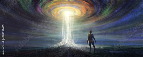 Foto Man standing in front of the vortex of time and space, 3D illustration