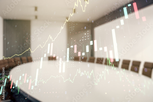 Multi exposure of virtual creative financial chart hologram on a modern meeting room background, research and analytics concept