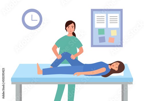 Physiotherapy or injury rehabilitation treatment concept vector illustration. Physiotherapist help patient to do physiotherapy exercise.