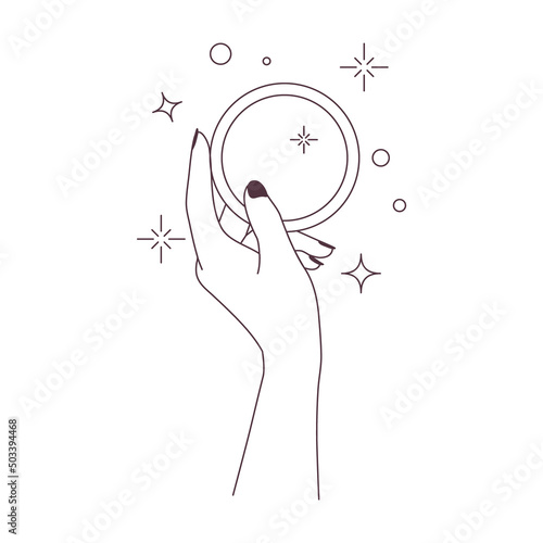 Female hand holding pocket,round mirror.Line vector illustration,magic concept 