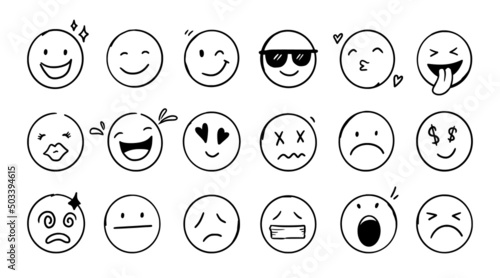Doodle Emoji face icon set. Hand drawn sketch style. Emoji with different emotion mood, happy, sad, smile face. Comic line art vector illustration. photo
