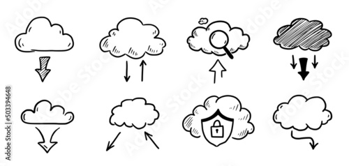 Doodle data server cloud set. Hand drawn sketch style cloud, arrow for internet database, digital storage concept. Vector illustration.