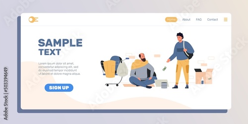 Charity for homeless landing. Charity for poor people web page template with volunteer giving money and food to poor person. Vector illustration