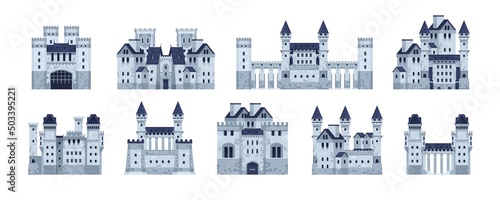 Medieval castles. Cartoon fairytale fortress of old kingdom with stone walls, gate and turret. Vector ancient gothic palace set