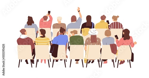 Audience back view. Behind people group sitting on chairs at seminar  training. Auditorium taking photo with phone  raising hand at public event. Flat vector illustration isolated on white background