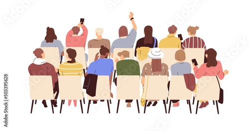 Audience back view. Behind people group sitting on chairs at seminar, training. Auditorium taking photo with phone, raising hand at public event. Flat vector illustration isolated on white background