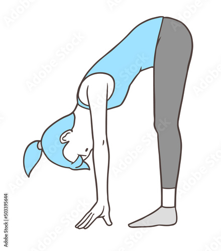 準備体操で立位前屈し床に手をつける女性、身体の柔軟性、シンプルな色