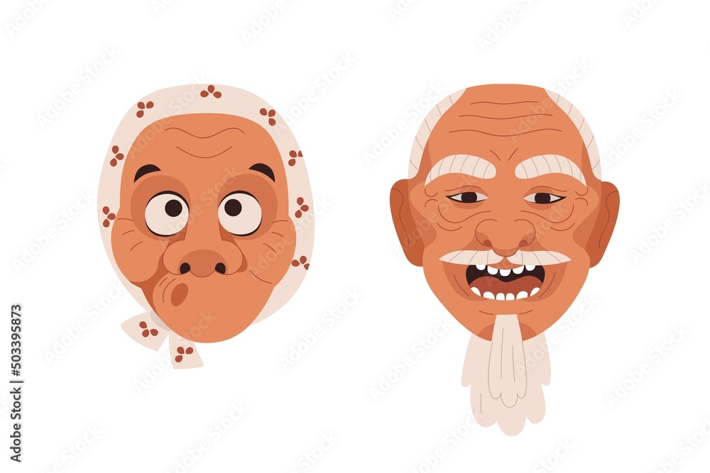Noh masks of old human faces of Japanese theater. Oriental kabuki hyottoko and ko-jo. Traditional Japan heads. Asian comical characters. Flat vector illustrations isolated on white background Noh masks of old human faces of Japanese theater. Oriental kabuki hyottoko and ko-jo. Traditional Japan heads. Asian comical characters. Flat vector illustrations isolated on white background