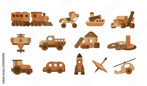 Wooden toys. Cartoon toy workshop, wood train car ship and animals, different children puzzles isolated on white. Vector set