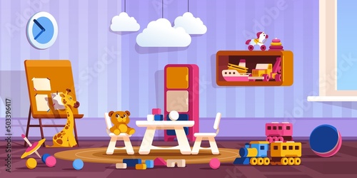Kindergarten room. Cartoon cute playroom with colorful toys, preschool class with bookshelves and activity toys. Vector illustration