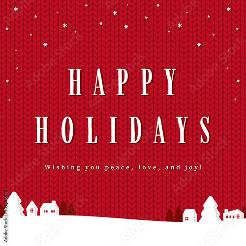 雪の降る街　赤ニット地背景　"HAPPY HOLIDAYS"文字入り（正方形）