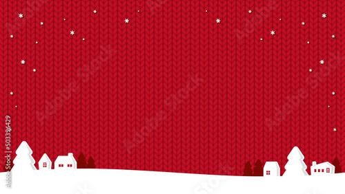 雪の降る街　赤ニット地背景（横向き／アスペクト比16:9）