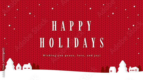 雪の降る街　赤ニット地背景　"HAPPY HOLIDAYS"文字入り（横向き／アスペクト比16:9）