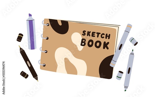 Sketchbook with pencils, liners. Notebook, sketch book for drawing. Notepad for drawn paintings and art supplies. Artists note pad, album. Flat graphic vector illustration isolated on white background