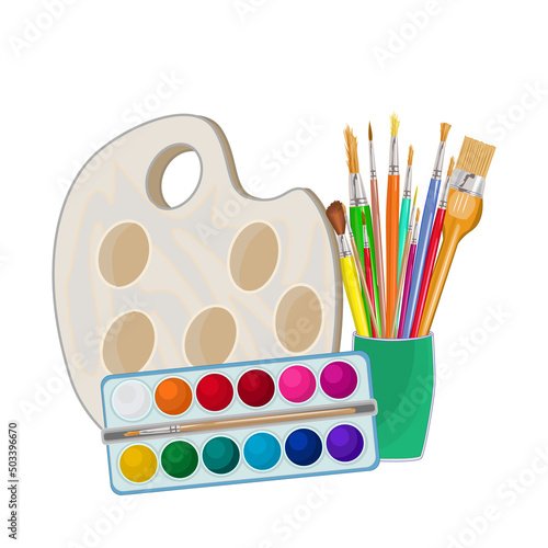 Drawing creative materials set isolated on white background. Watercolor paint, palette and paintbrushes in cup. Painting tools design for artists shop, art salon, class or studio. Art supplies. Vector