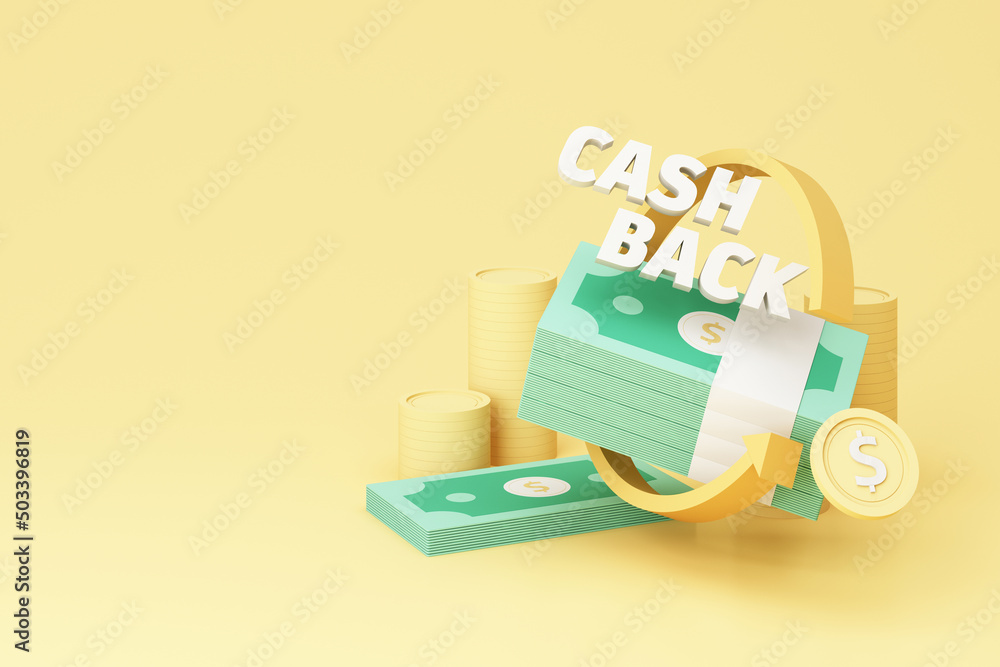 Obraz premium Cash back service, financial payment label concept and money saving, wealth about money and financial planning with Bundle of money, banknote and gold coins on yellow background. realistic 3d render