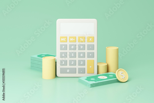 business investment profit concept and money saving, wealth about money and financial planning with Bundle of money, banknote and gold coins with calculator on green background. realistic 3d render photo