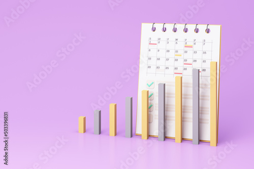 The bar shows the stats that are gradually increasing accordingly. Show monthly turnover of sales and have a detailed calendar on purple background. realistic 3d render