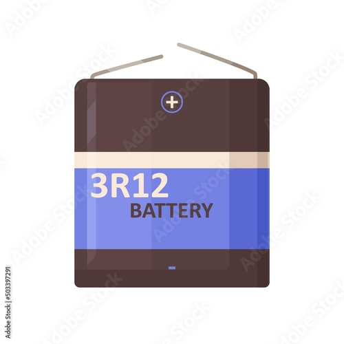 Dry 3R12 battery from zinc and carbon. High energy electronic devices baterry of rectangle shape. Electric power accumulator icon. Flat cartoon vector illustration isolated on white background