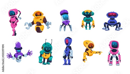 Cute robot. Cartoon artificial intelligence bot mascot, funny robot characters wit arms legs and electronic heads. Vector science and technology person