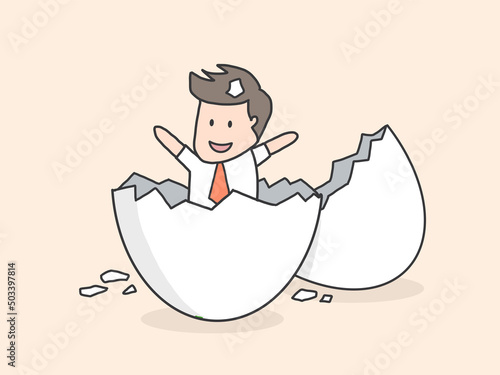 Newbie or beginner just start new business, entrepreneur or start up, begin new job position or out of comfort or safe zone concept, ambitious businessman worker just hatched from cracked egg.