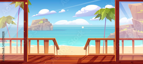 Bungalow wooden porch and view to sand sea beach with palm trees and mountains in water. Vector cartoon illustration of summer tropical ocean landscape and house terrace with staircase