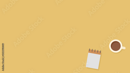 flat illustration of work desk with cup of coffee and notebook